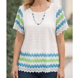 Cottagecore Lace Top Blue Green Stripe Attached Necklace Blouse L Alfred Dunner
